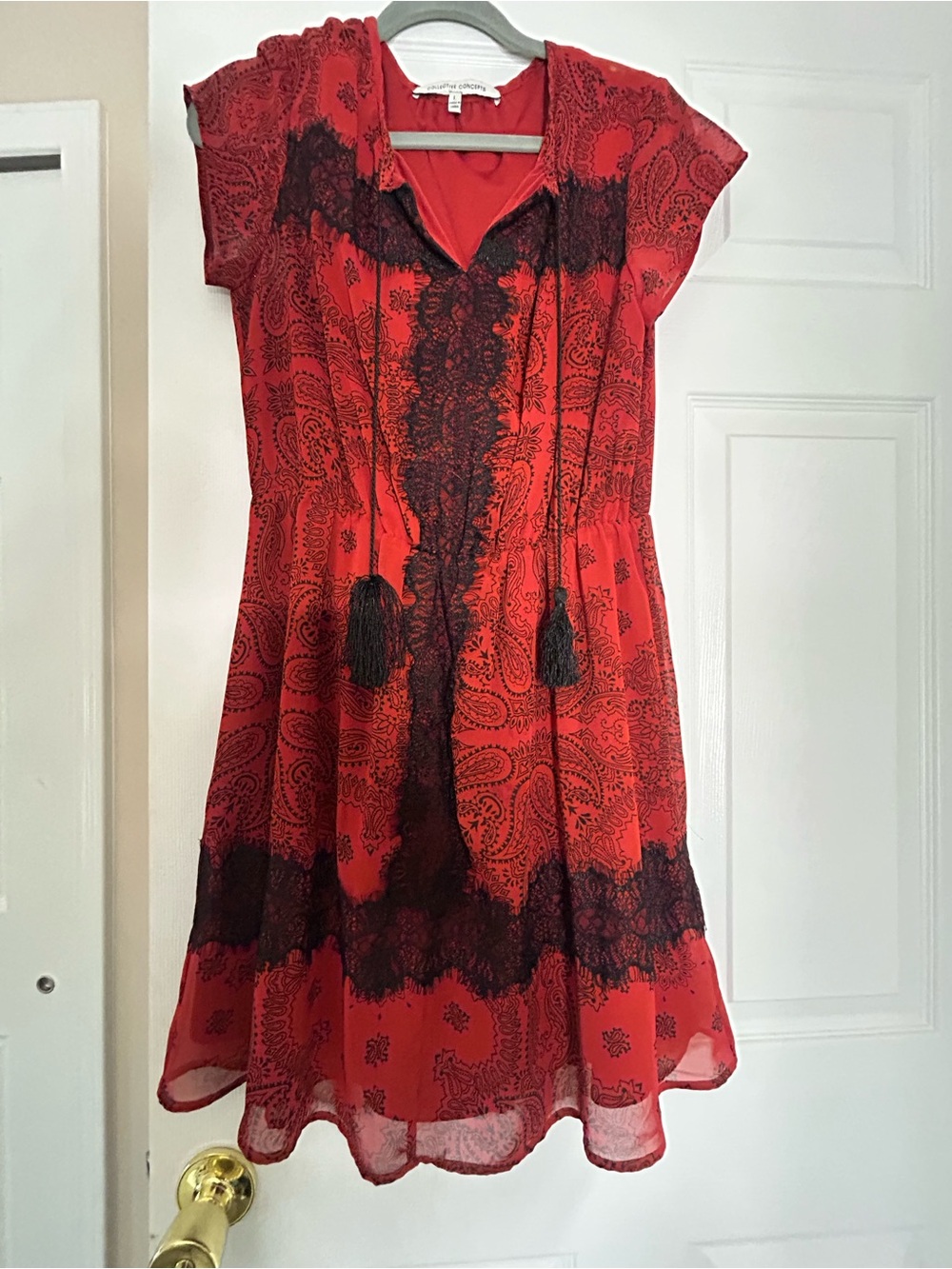 Collective Concepts Red Mini Dress with Black Lace & Tassels